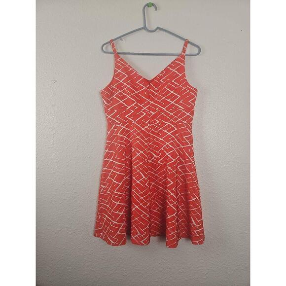 CeCe Womens Sleeveless Geometric Fit Flare Dress Coral Red Petite 6 - Picture 3 of 8